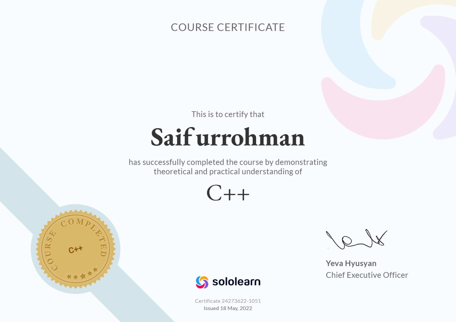 Sertifikat Sololearn C++ Course